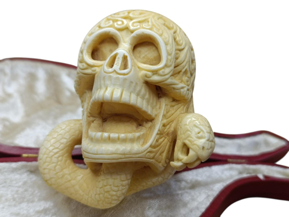 Block Meerschaum Hand Carved Snake Figured Skull
