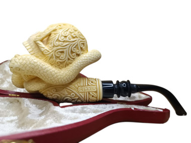 Block Meerschaum Hand Carved Snake Figured Skull