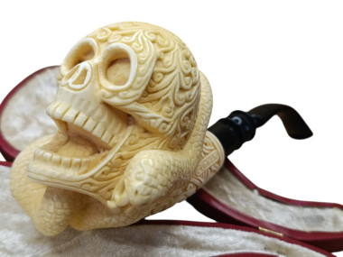 Block Meerschaum Hand Carved Snake Figured Skull
