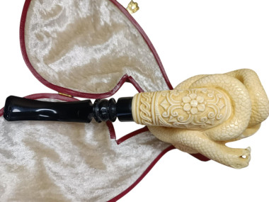 Block Meerschaum Hand Carved Snake Figured Skull
